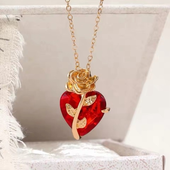 18K Gold Rose & Heart Zircon Entwined Pendant Necklace - Picture 1 of 10